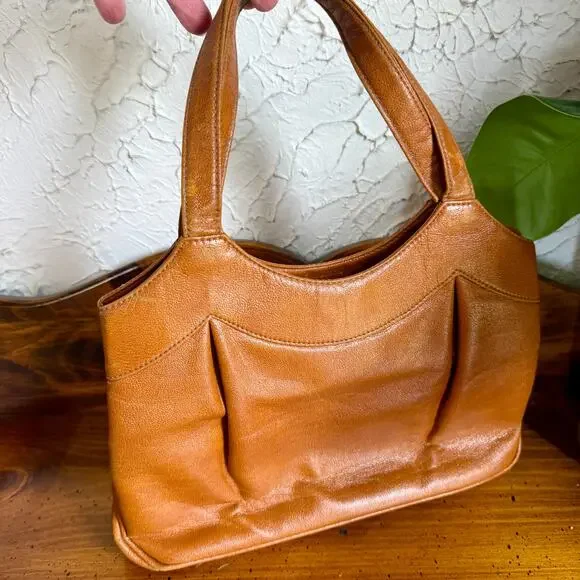 Vintage 60s 70s Tan Top Handle Handbag Structured Mod Purse Caramel Brown Frame - Picture 3 of 12